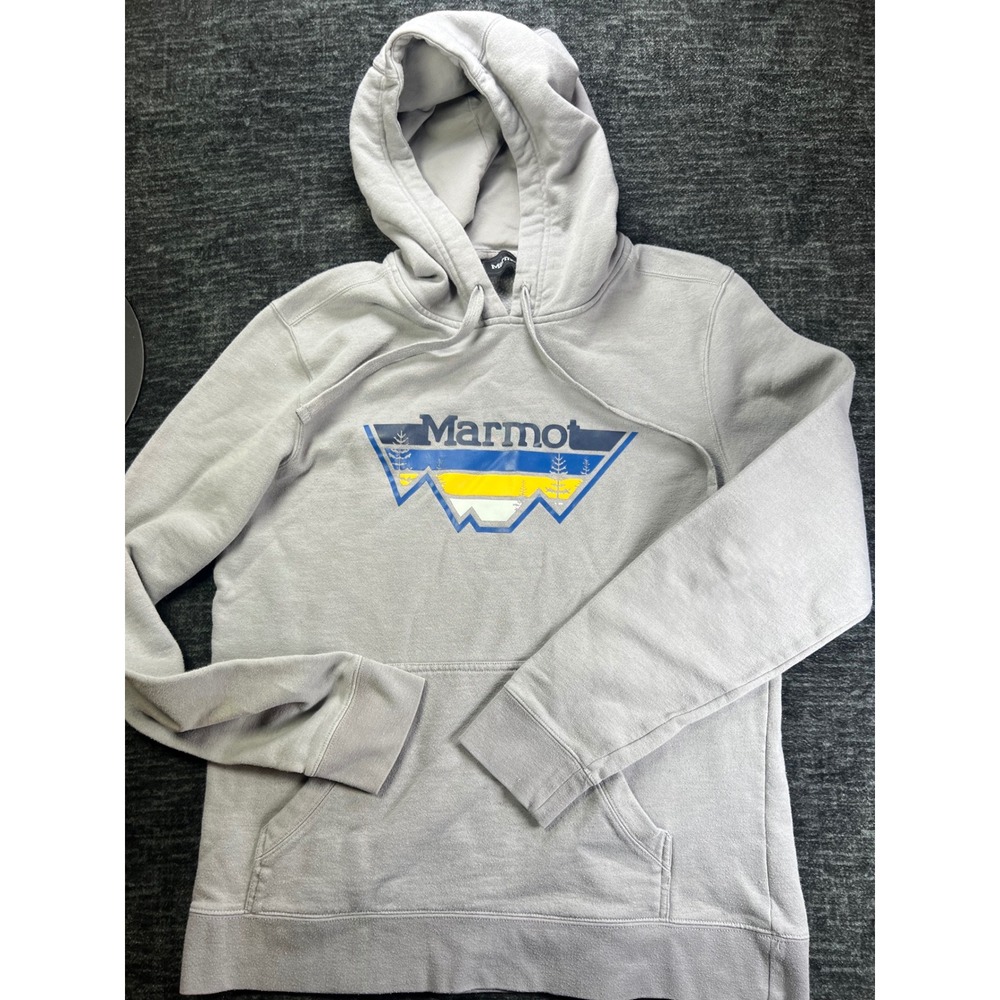 Marmot Hoodie Mens Medium Gray Graphic Mountain Logo Pullover Fleece Sweatshirt
